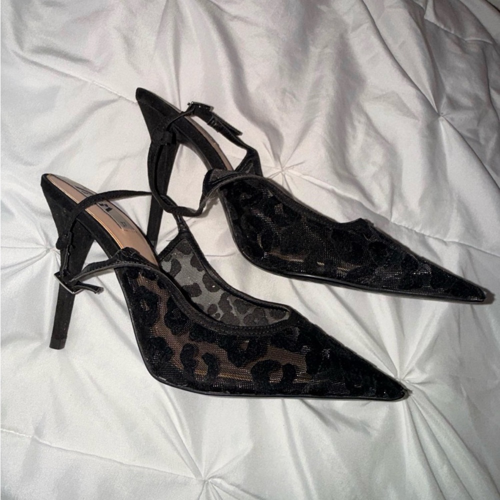 Zara Black Leopard Mesh Pointed Slingback Heels